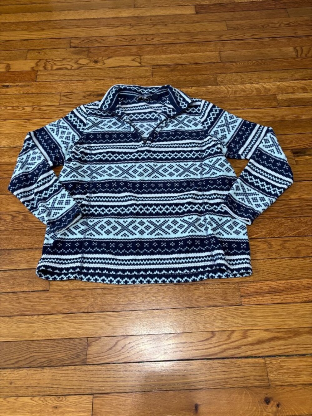 Lands’ End Womens 1/4 Zip Fleece Pullover Jacket Large Petite LP Blue Fair Isle